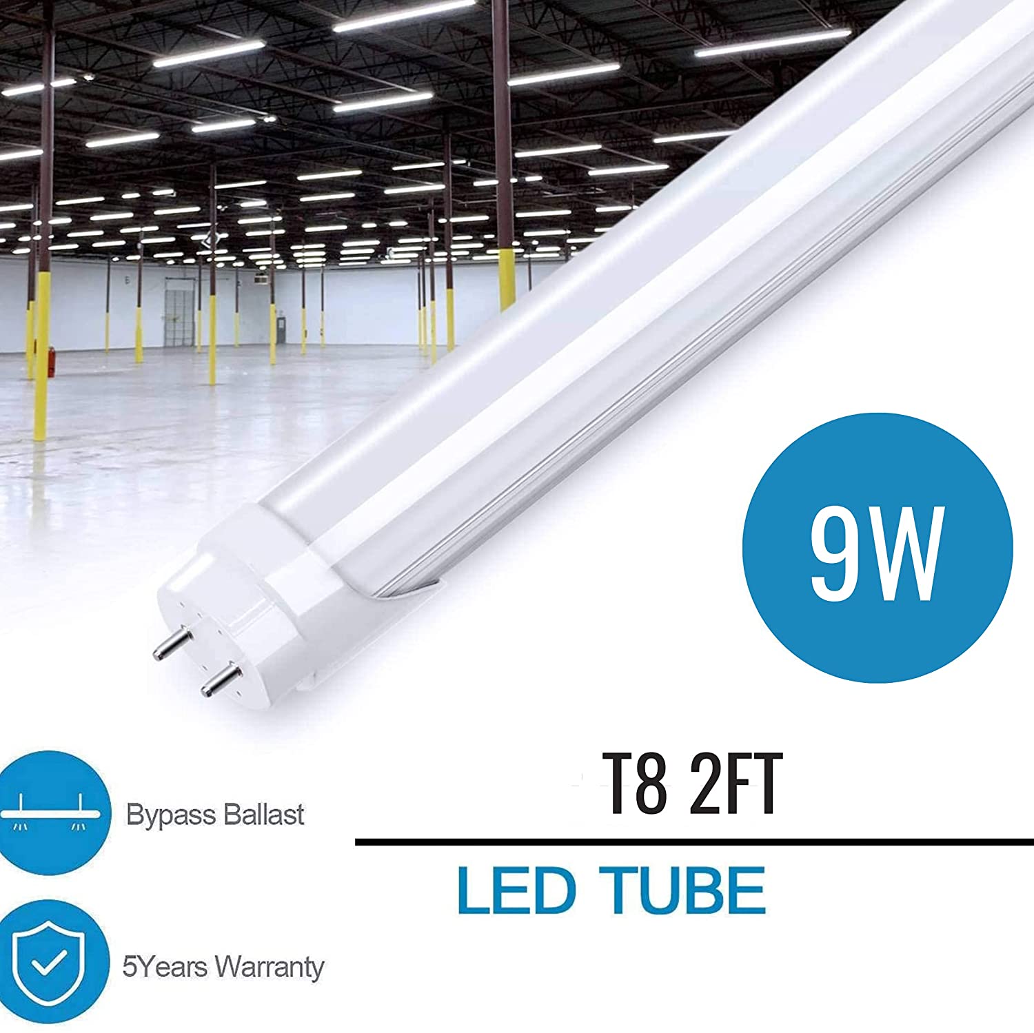 MARIQIYY T8 LED Tube Light, 6 Pack,2FT,9W,5500-6000K,1170LM,Dual-end Power,Aluminum and pc Cover. (2FT)